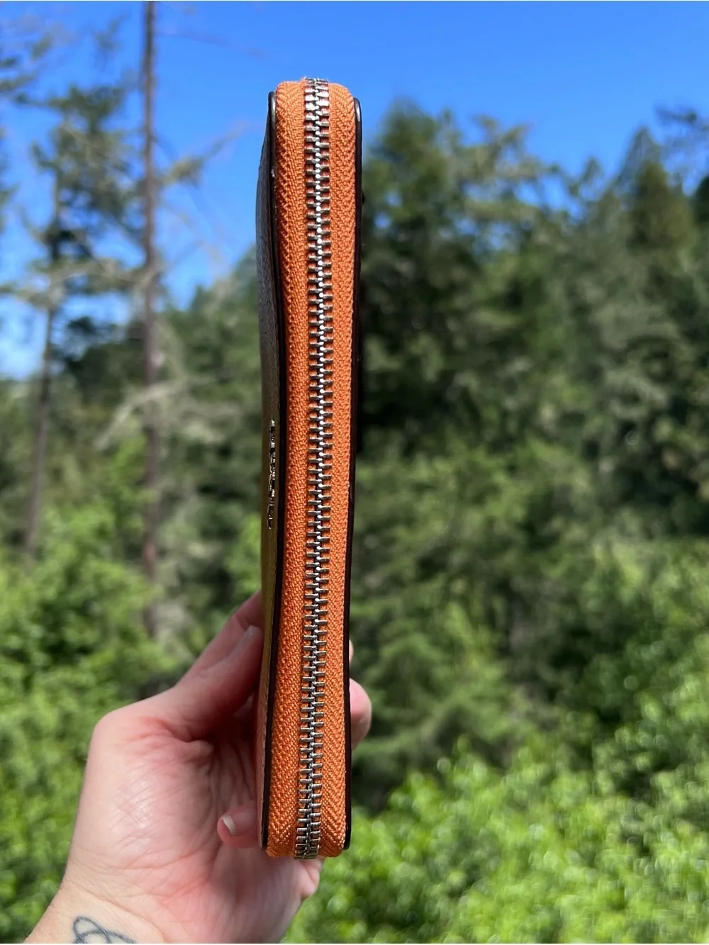 COACH Long Zip-Around Orange Papaya Pebble Leather Wallet with Silver Hardware